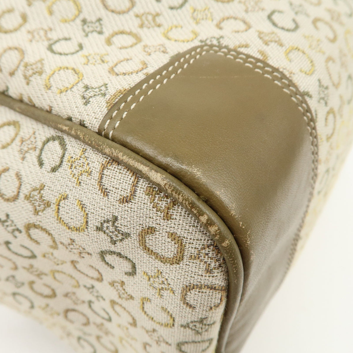 Auth CELINE C Macadam Canvas Leather Mini Boston Bag Ivory Khaki Reuse Used11