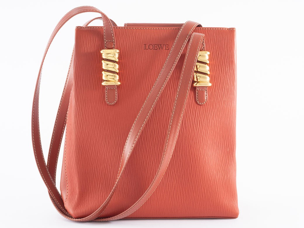 LOEWE Velazquez Shoulder Tote Bag Orange Leather Twisted Hardware Preowned23