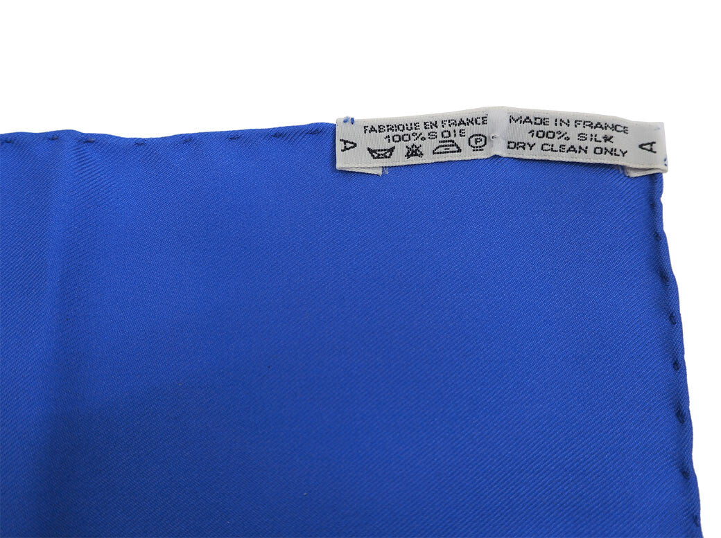 HERMES Carre 90 Scarf CORRESPONDANCE Blue Silk Stamps Latham Preowned Auth9