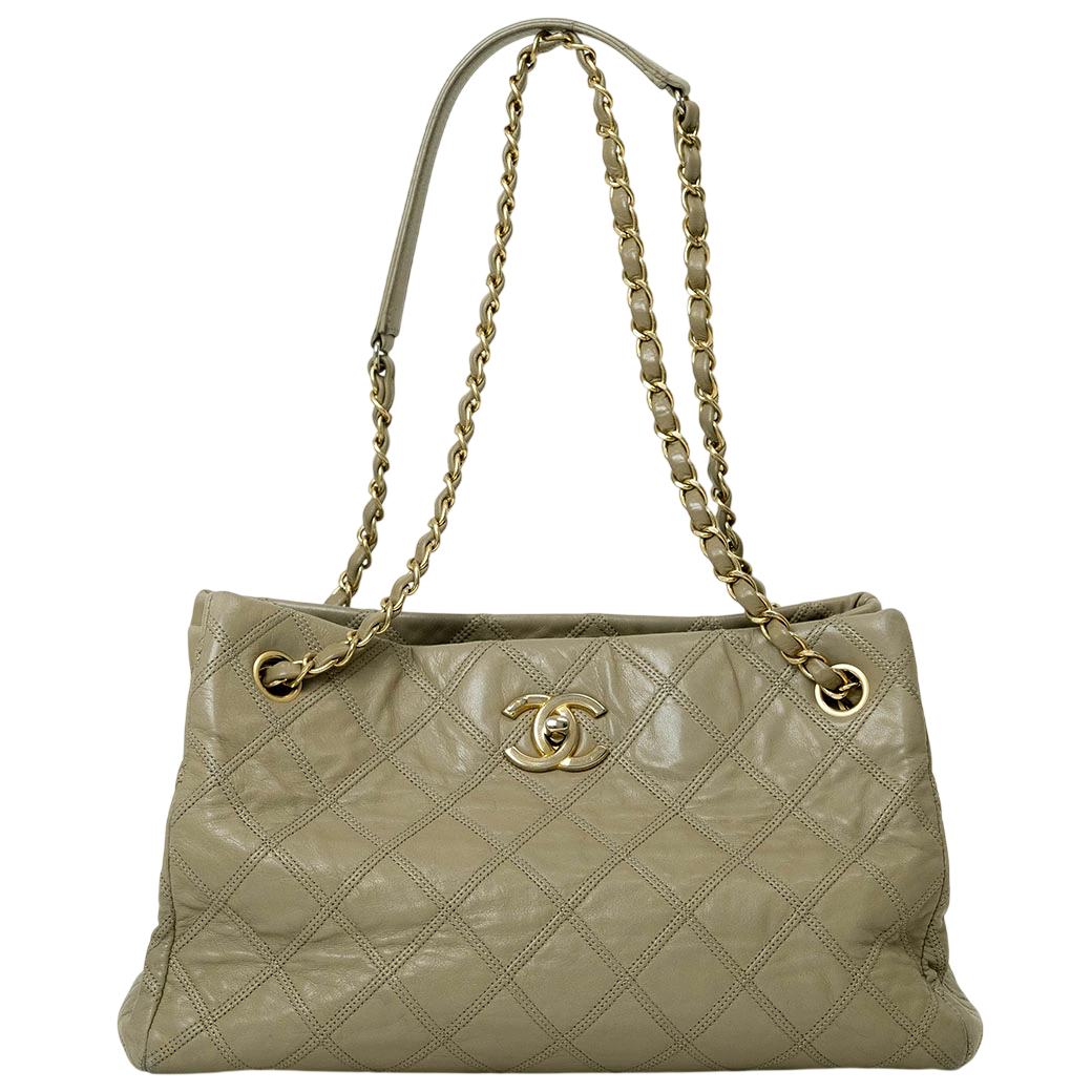 CHANEL Bicolore Leather Chain Shoulder Tote Bag Beige Convertible Preowned Auth0