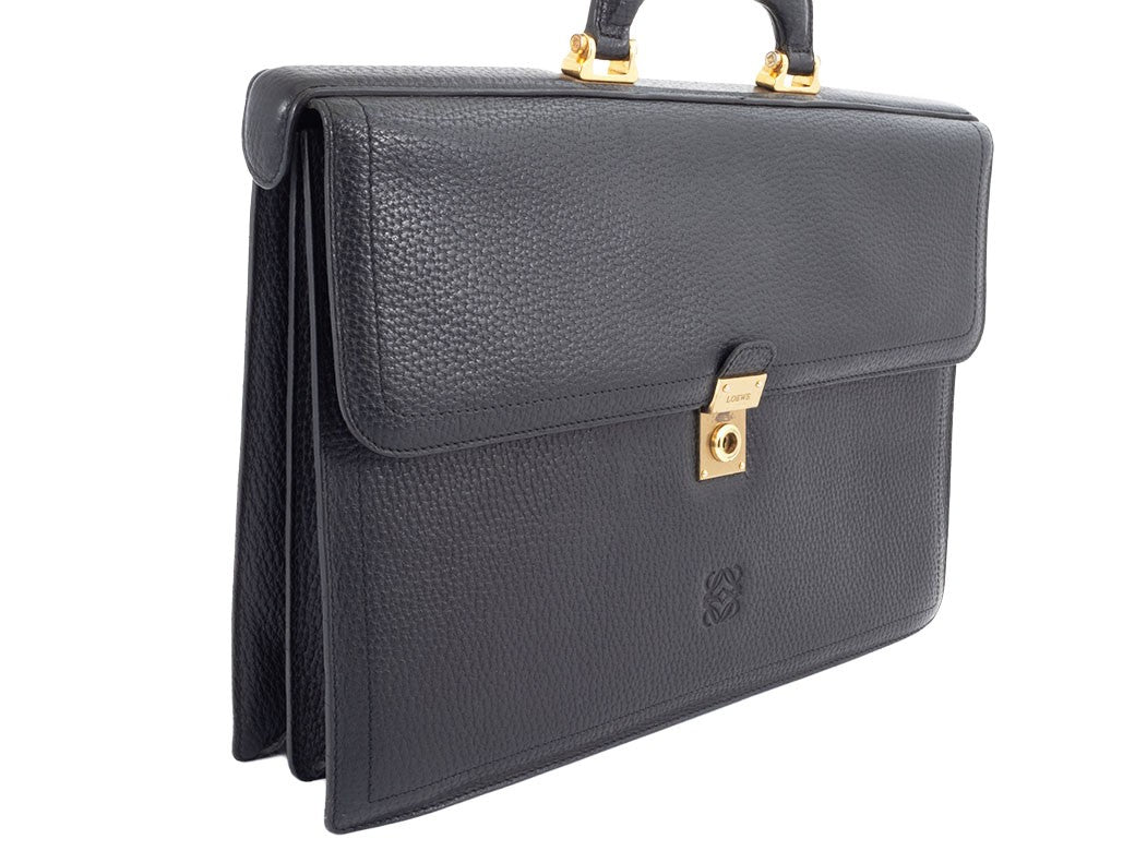 LOEWE Anagram Briefcase Black Leather Men's Business Bag Large A4 Preowned Auth2
