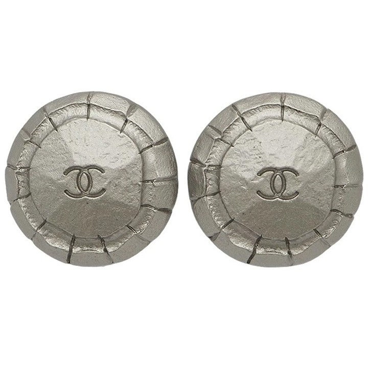 CHANEL Vintage Round Coco Earrings Silver Ladies 99A Metal Matte Finish Reuse0