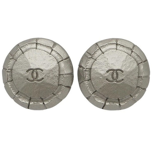 CHANEL Vintage Round Coco Earrings Silver Ladies 99A Metal Matte Finish Reuse0