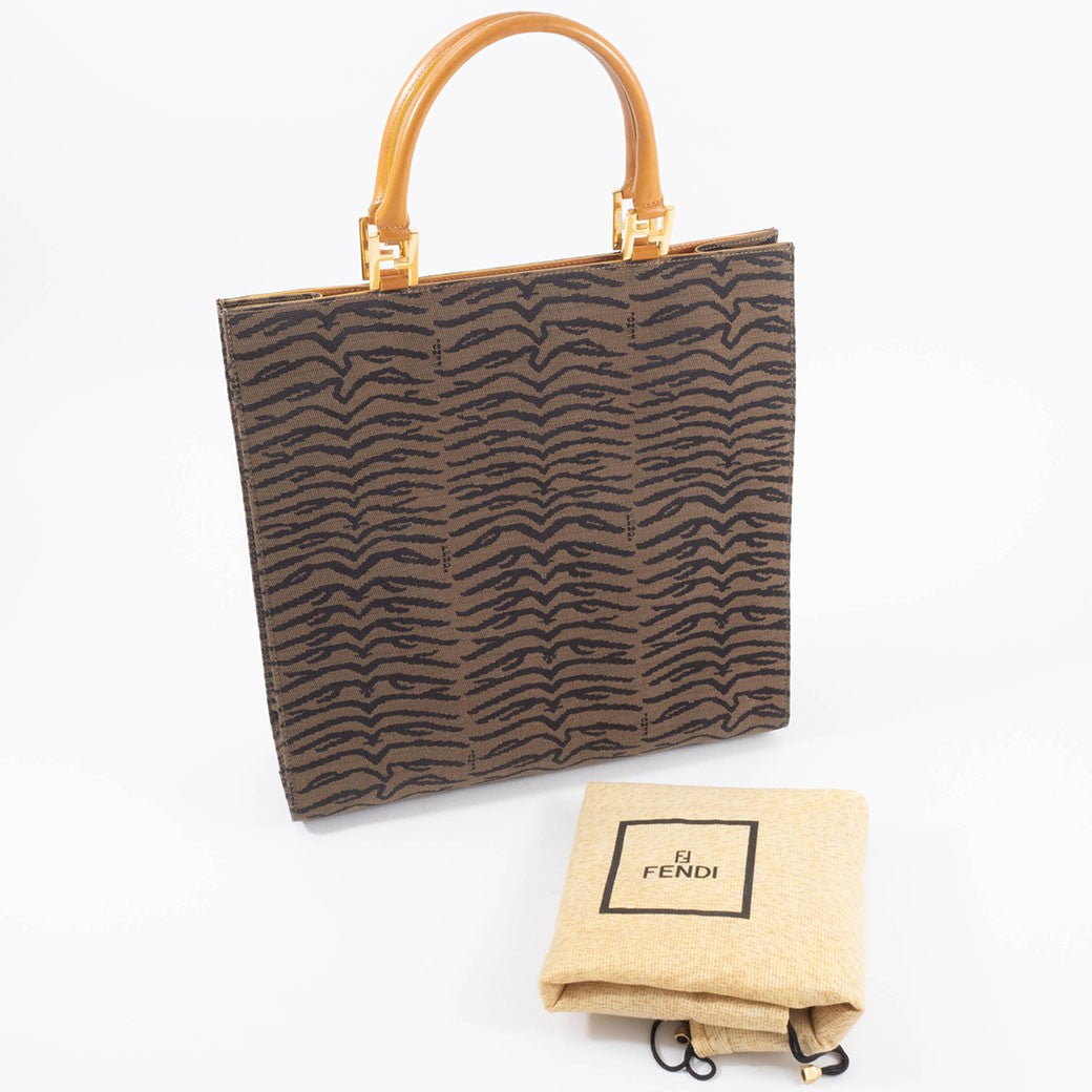 FENDI Zebra Print Tote Bag Canvas Leather Animal Pattern Brown Preowned Auth17