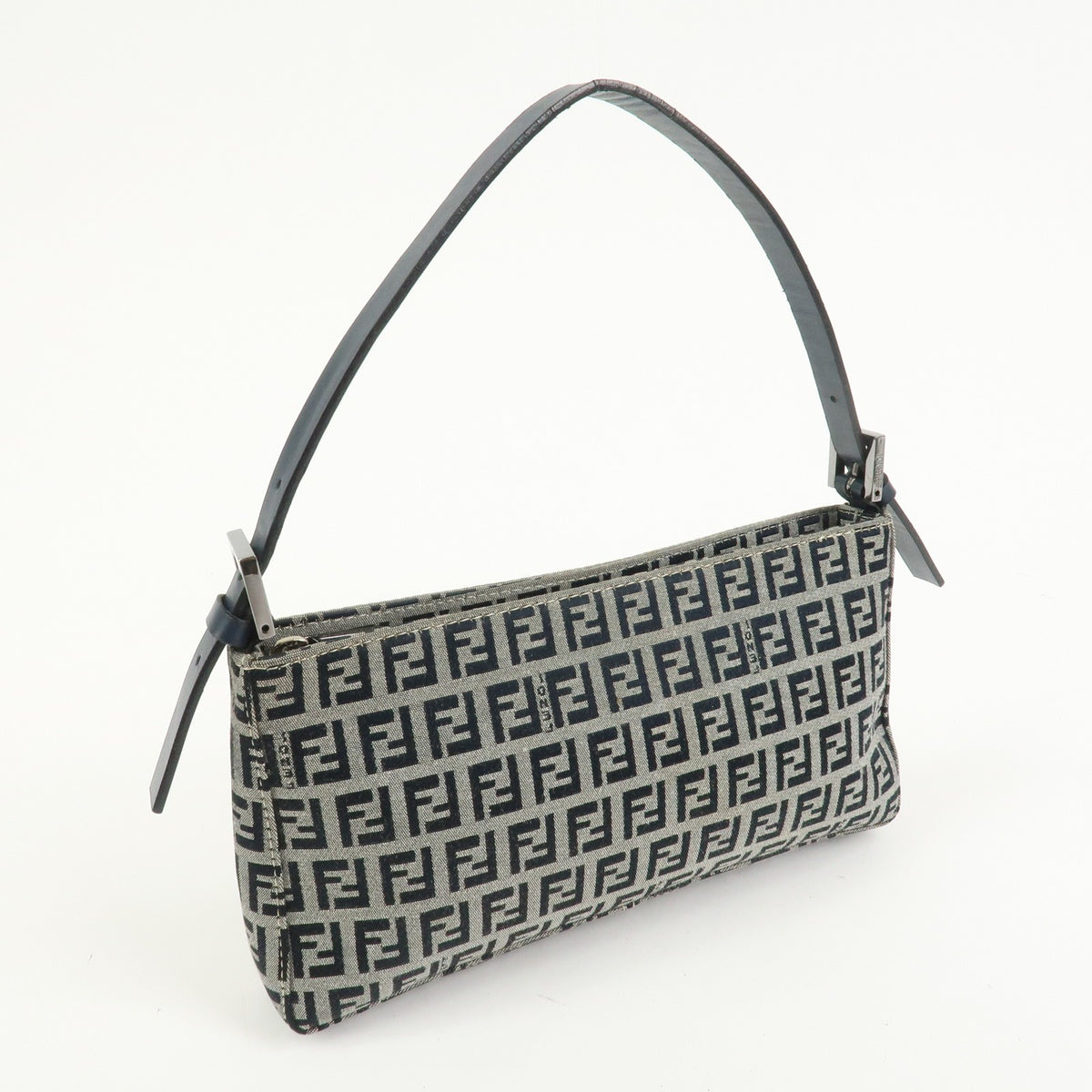 FENDI Zucchino Canvas Leather Shoulder Bag Navy Blue Logo 8BR042 Preowned Auth3