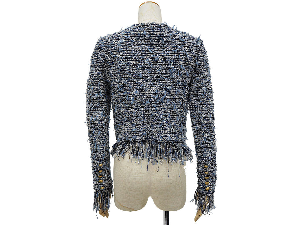 BALMAIN Tweed Fringe Jacket Navy Women's Collarless Cropped Gold Buttons 362