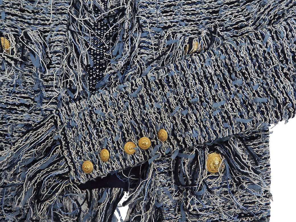 BALMAIN Tweed Fringe Jacket Navy Women's Collarless Cropped Gold Buttons 366