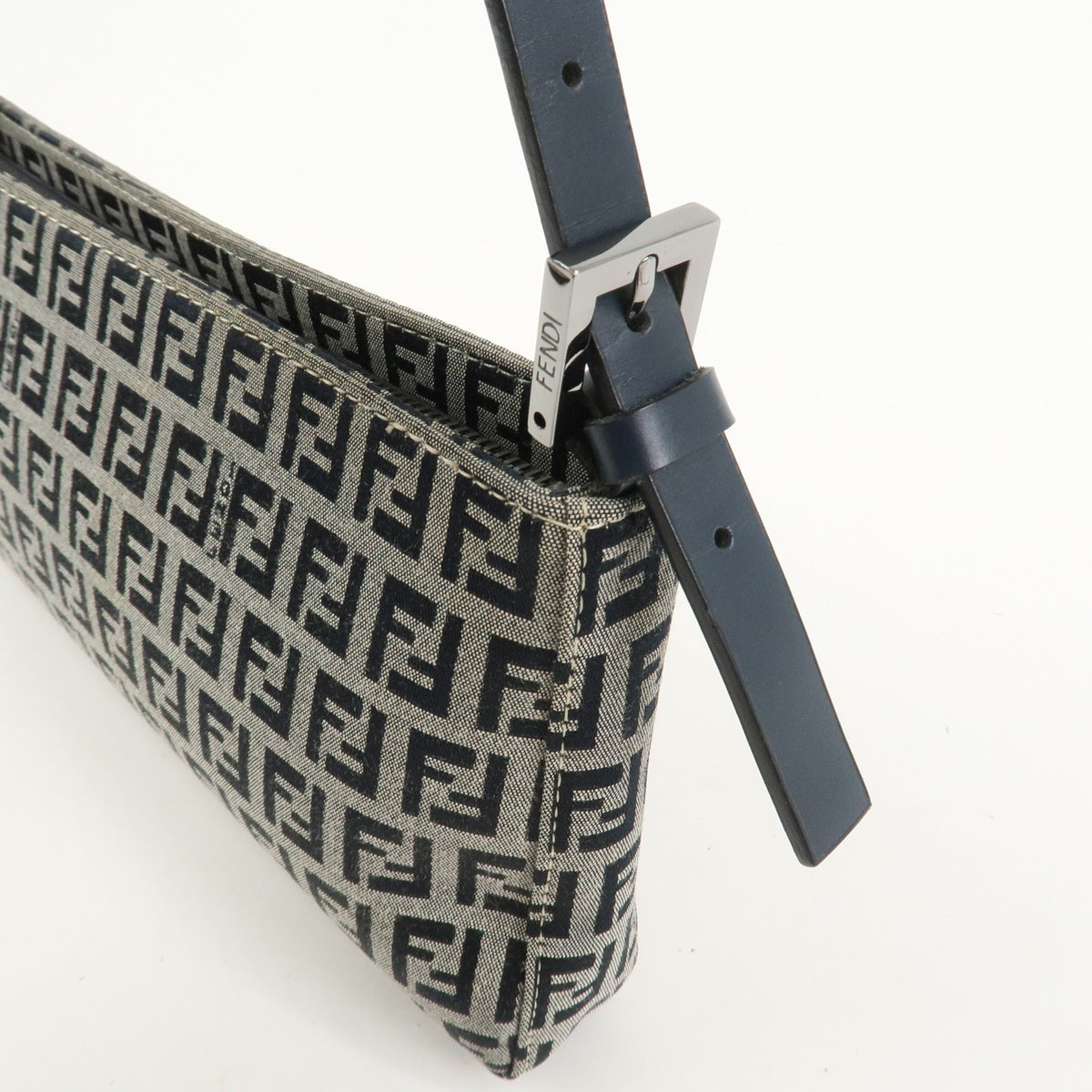 FENDI Zucchino Canvas Leather Shoulder Bag Navy Blue Logo 8BR042 Preowned Auth14