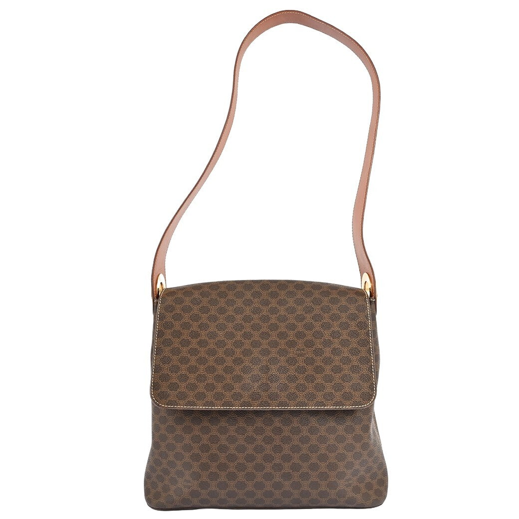Auth Celine Macadam OneShoulder Bag Brown PVC Leather Flap Vintage Reuse Used0