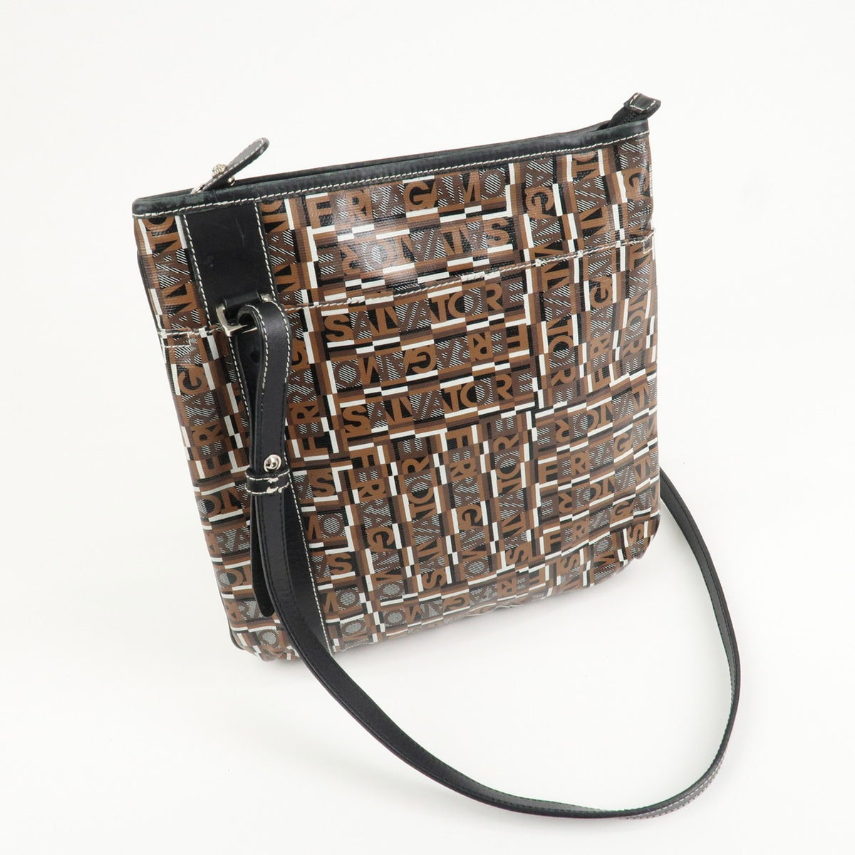 Ferragamo PVC Leather Womens Shoulder Bag Brown Black White Preowned Auth3