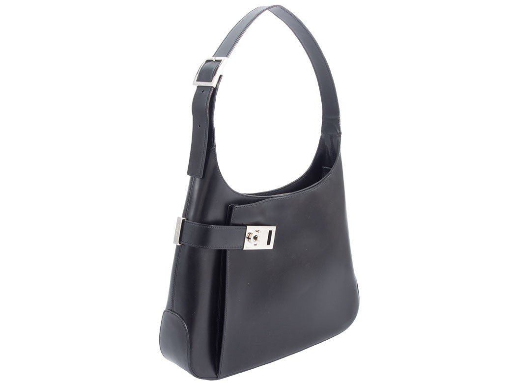 Ferragamo Gancini Hobo Shoulder Bag Black Leather AB21 0169 Preowned Auth2