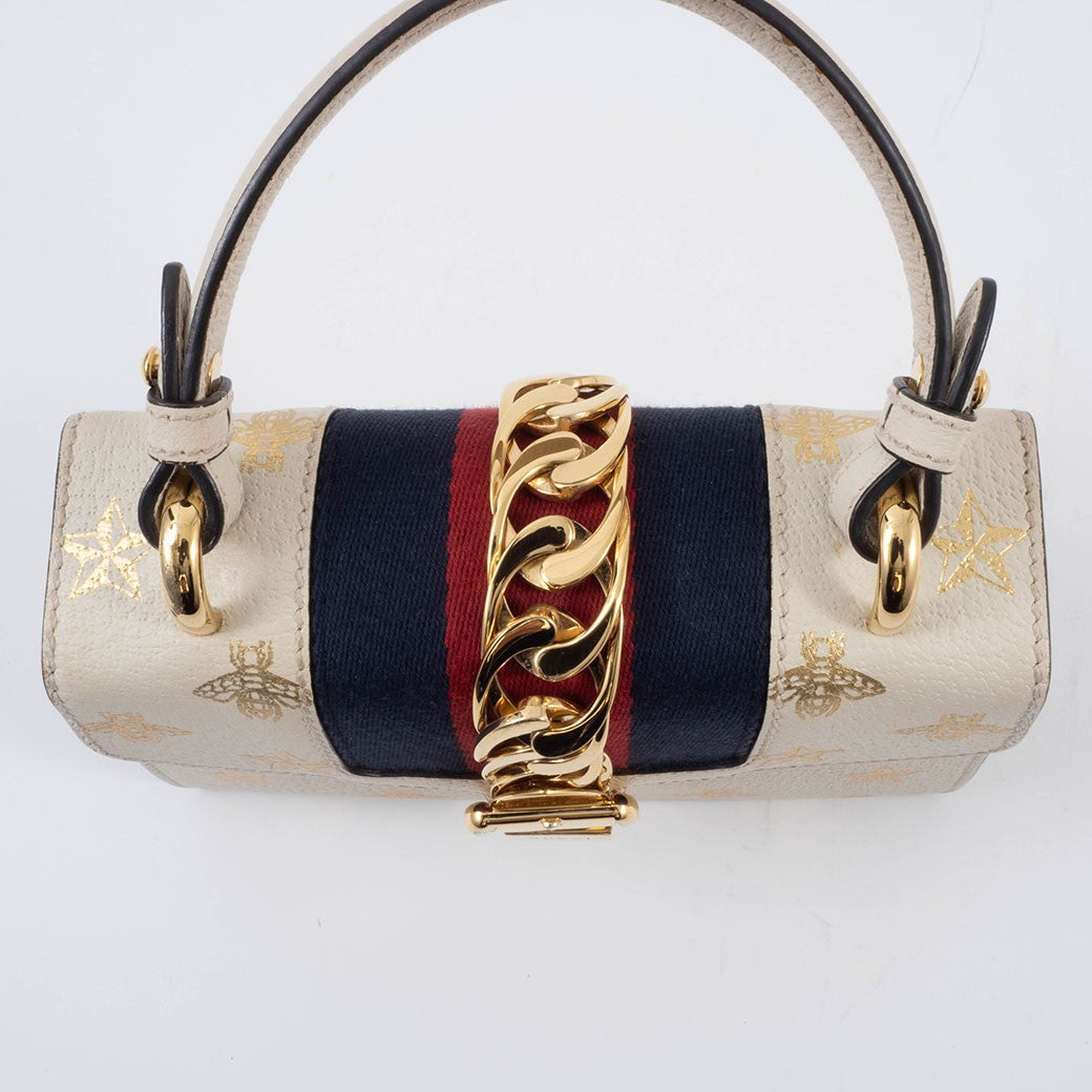 GUCCI Bee Star Mini Sylvie Convertible Handbag White Crossbody 470270 Preowned8