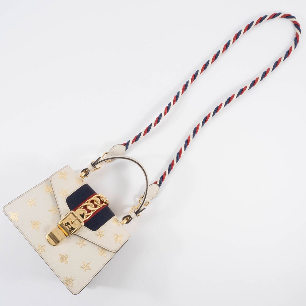 GUCCI Bee Star Mini Sylvie Convertible Handbag White Crossbody 470270 Preowned11