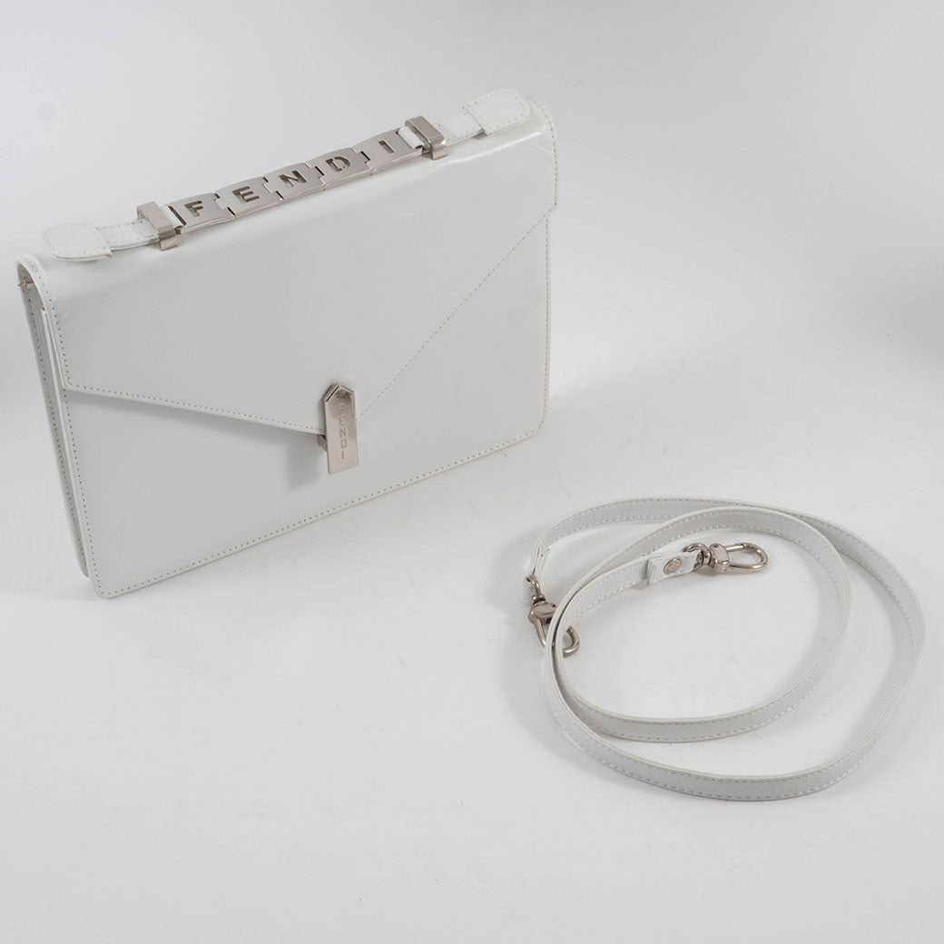 FENDI Logo Handle Shoulder Bag White Leather Convertible Crossbody Preowned18