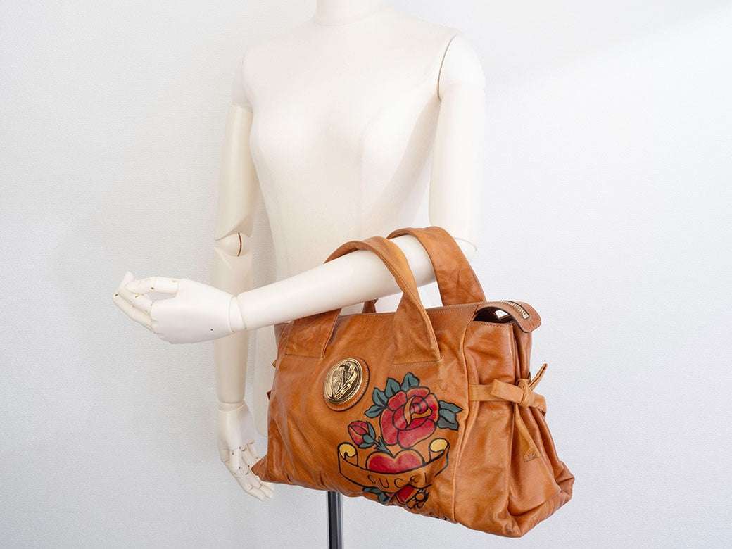 GUCCI Hysteria Floral Paint Brown Leather Handbag Flower Logo Preowned Auth9