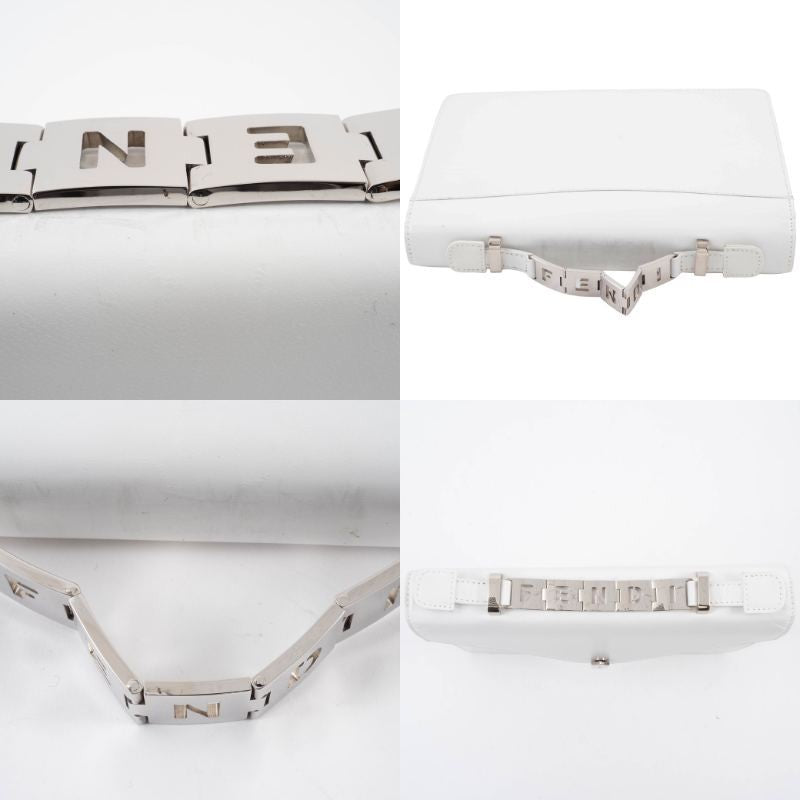FENDI Logo Handle Shoulder Bag White Leather Convertible Crossbody Preowned16