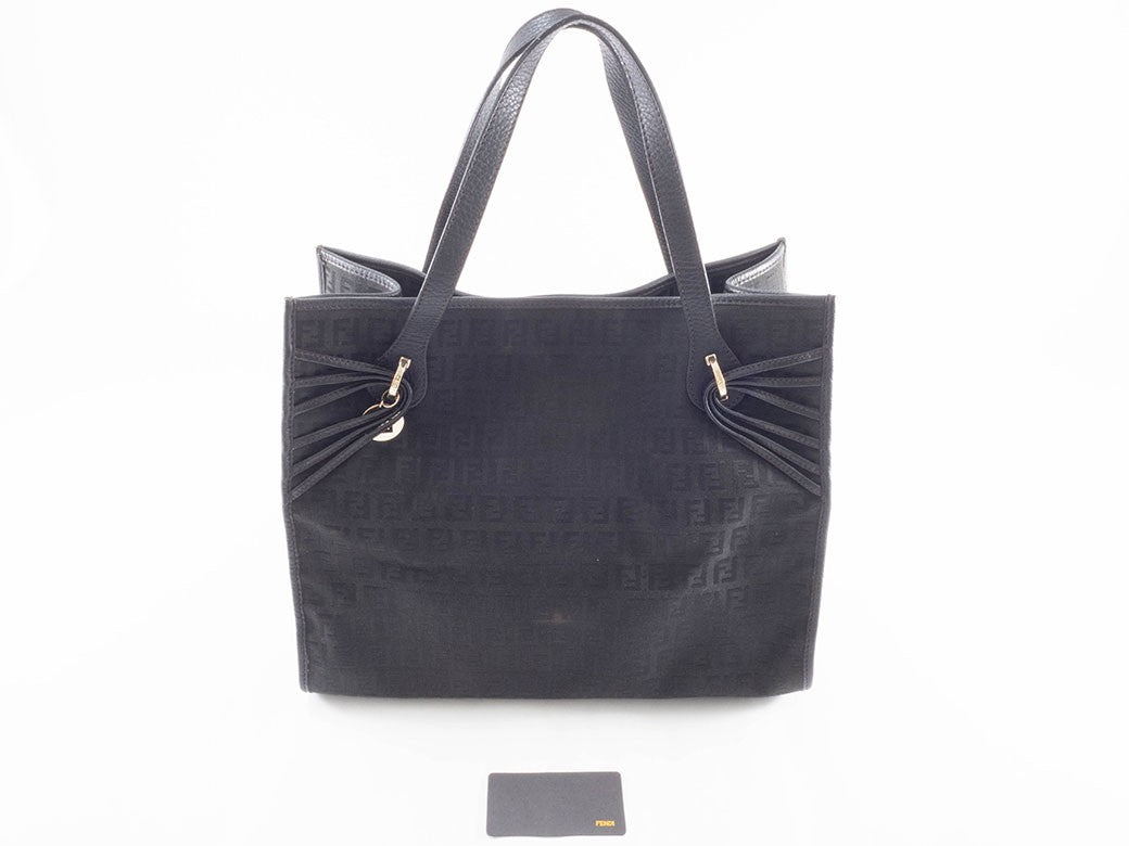 FENDI Zucchino Black Canvas Leather Shoulder Tote Bag 8BH153 Preowned Auth16