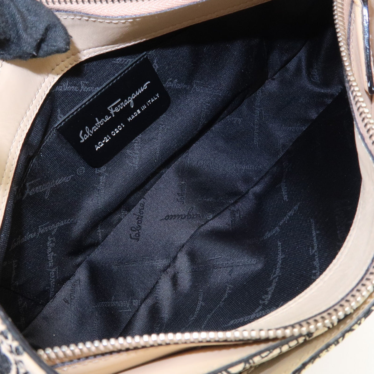 Ferragamo Gancini Hobo Shoulder Bag Canvas Leather Beige Black Preowned Auth21