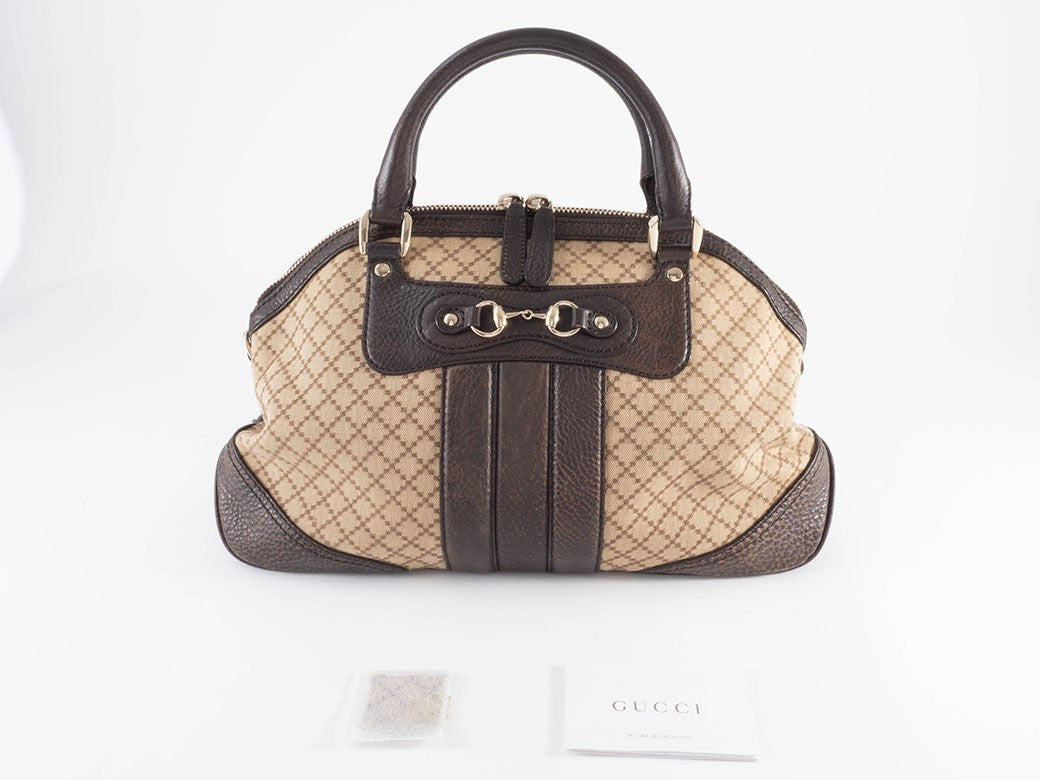 GUCCI Diamante Canvas Leather Tote Handbag Beige Brown Womens Preowned Auth14