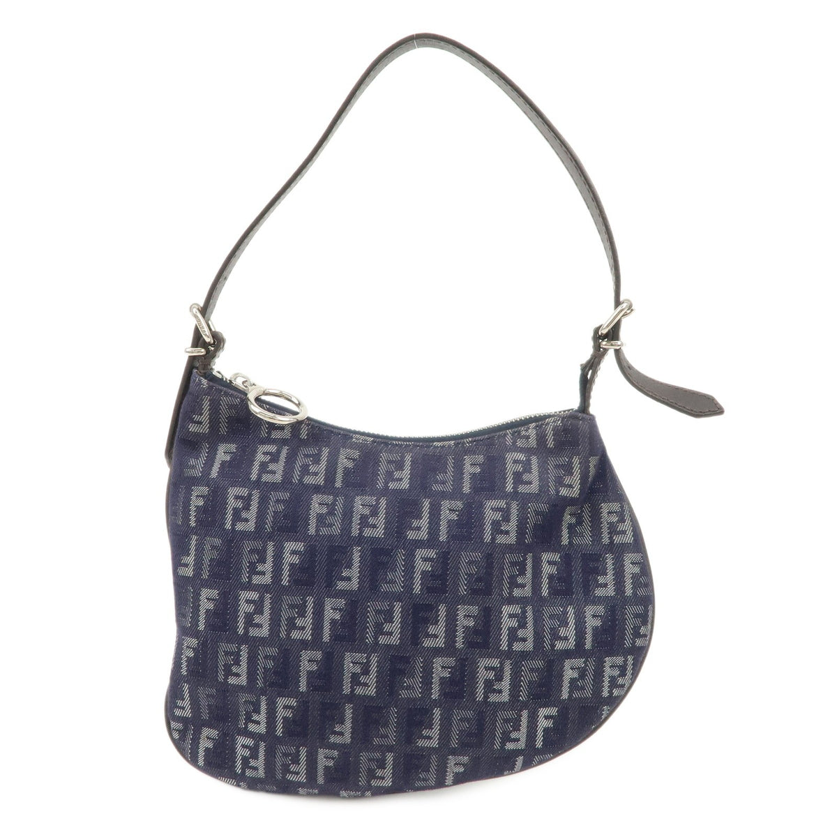 FENDI Zucchino Navy Blue Canvas Leather Hobo Shoulder Bag Slim Preowned Auth0