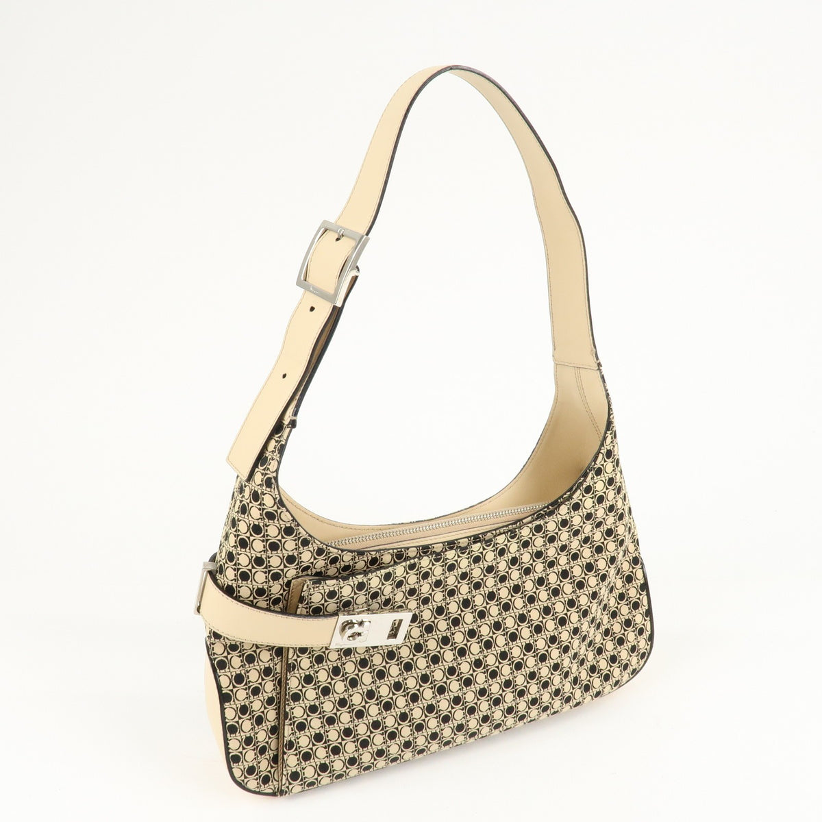 Ferragamo Gancini Hobo Shoulder Bag Canvas Leather Beige Black Preowned Auth3