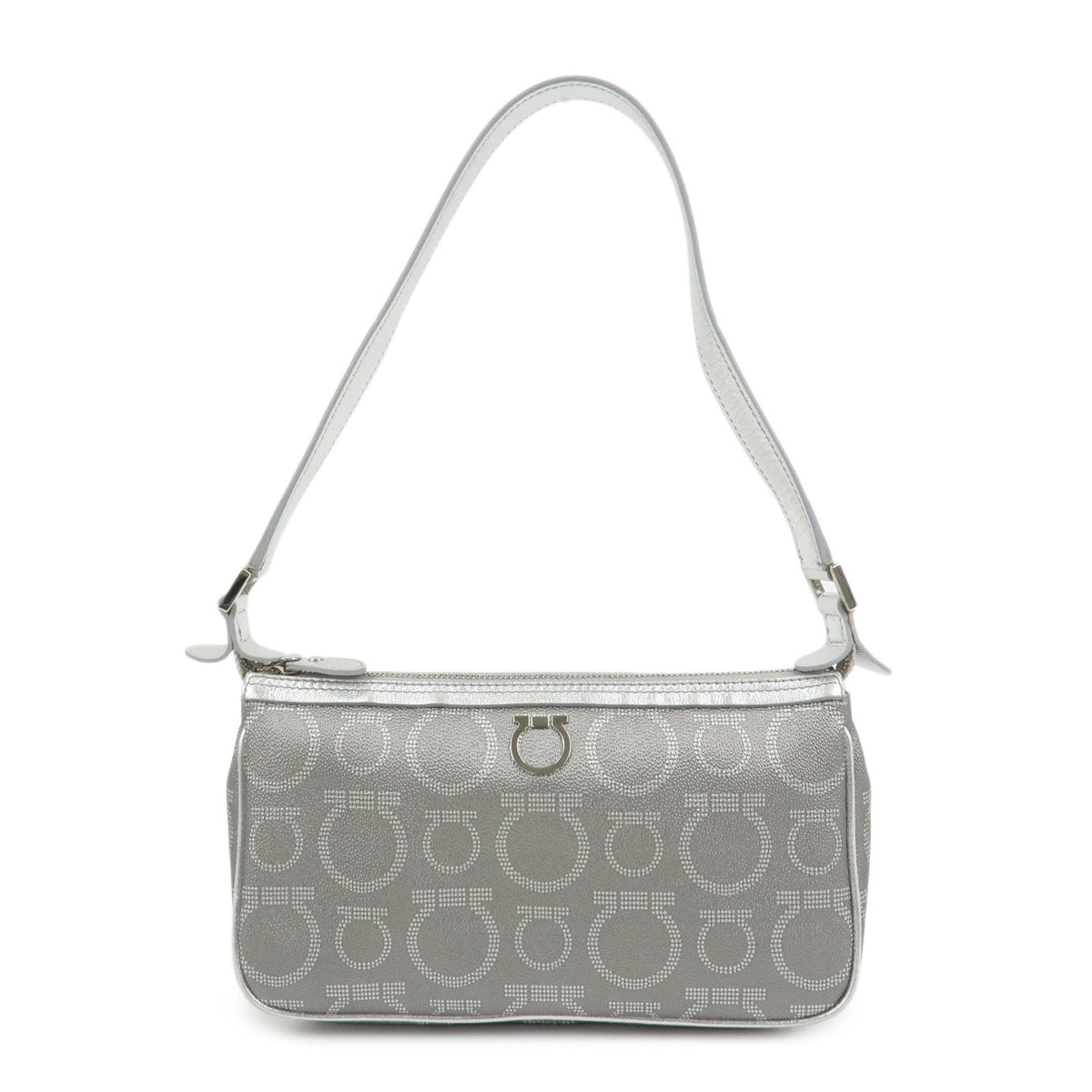 Ferragamo Gancini Logo Leather Shoulder Bag Hand Bag Silver Authentic Used F/S0