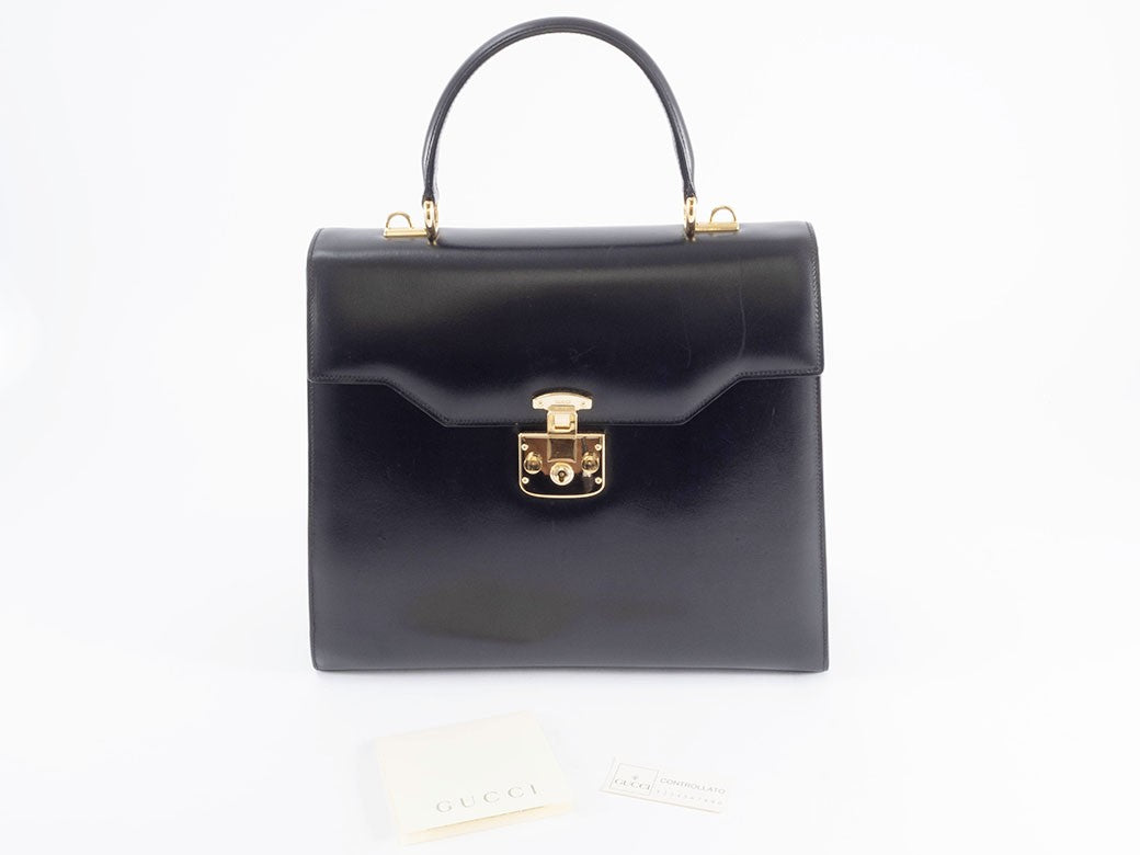 GUCCI Old Gucci Lady Lock Handbag Black Leather Top Handle 000 01 0192 Preowned9