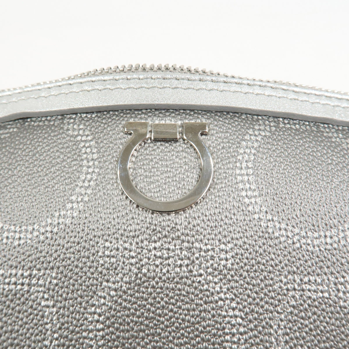 Ferragamo Gancini Logo Leather Shoulder Bag Hand Bag Silver Authentic Used F/S14