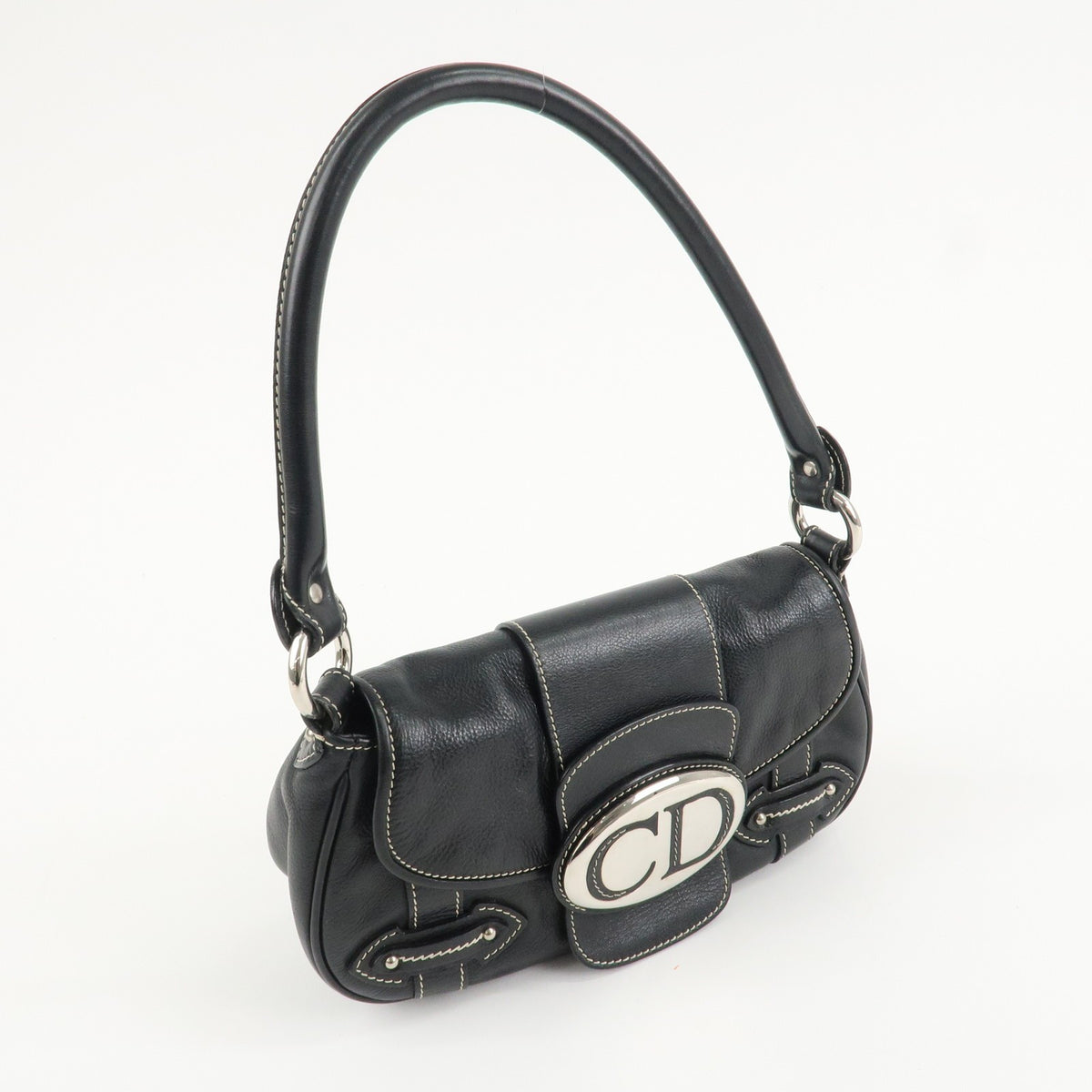 Christian Dior CD Logo Shoulder Bag Black Leather Womens Handbag Preowned Auth2