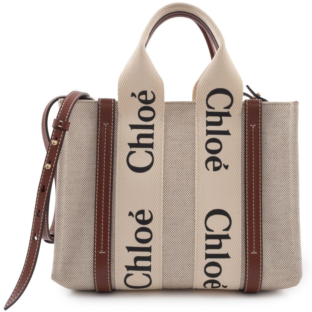 Chloe Woody Small Convertible Handbag Crossbody Bag Linen Brown White Preowned0