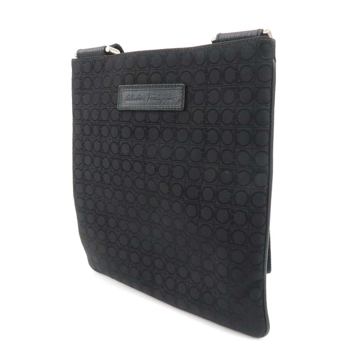 Ferragamo Gancini Canvas Shoulder Bag Black Silver HDW Authentic Used F/S2