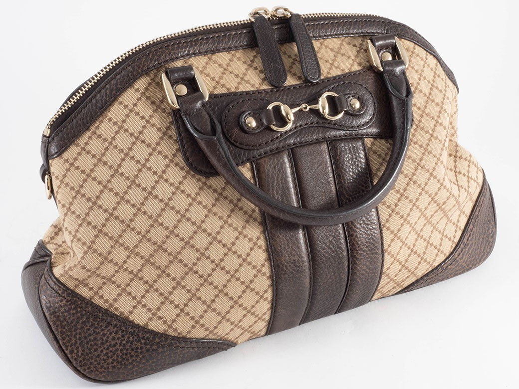 GUCCI Diamante Canvas Leather Tote Handbag Beige Brown Womens Preowned Auth6