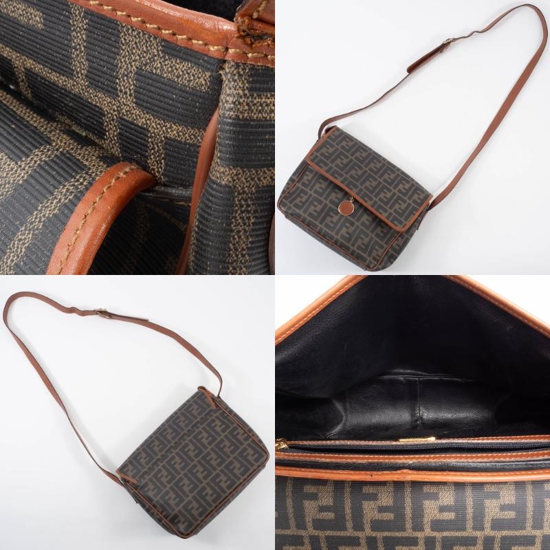 FENDI Zucca PVC Leather Crossbody Shoulder Bag FF Logo Flap Brown Preowned Auth9