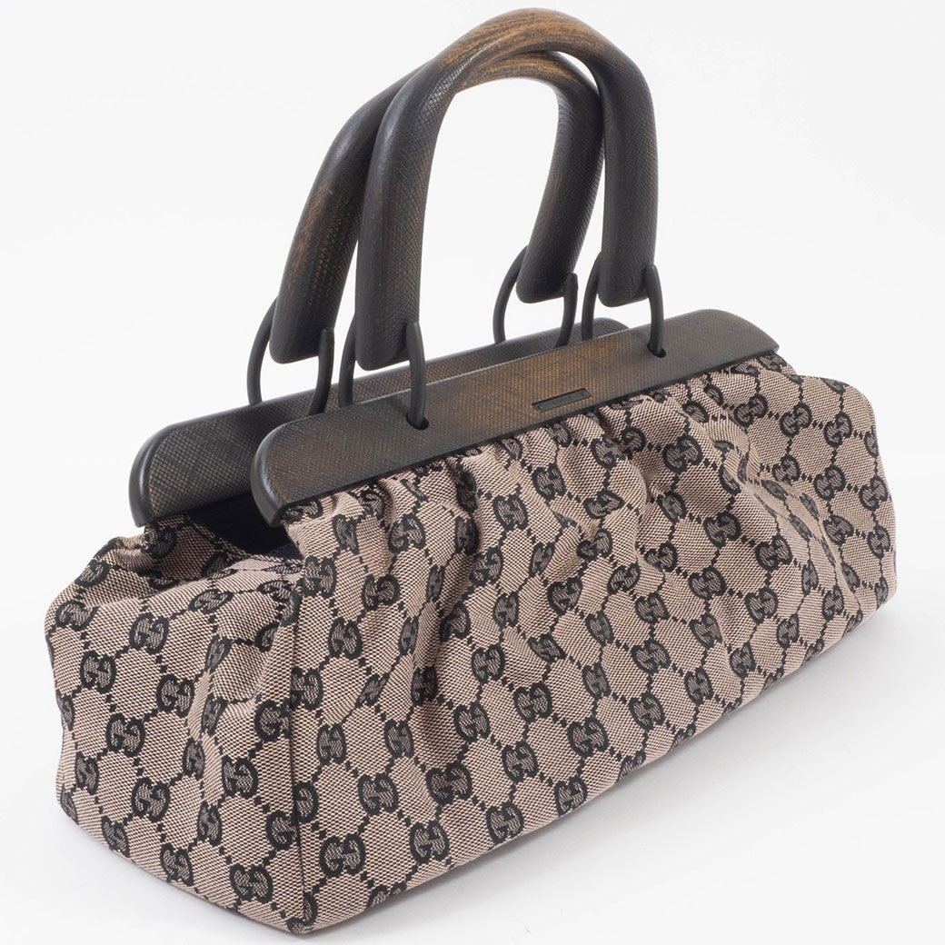 GUCCI GG Canvas Wood Handle Handbag Womens Beige Leather 112688 Preowned Auth3