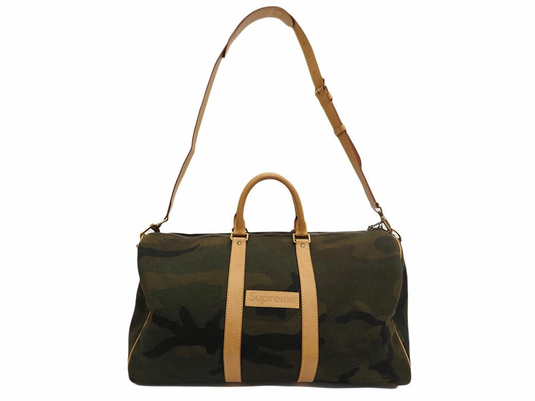 LV x Supreme Keepall Bandouliere Camo Travel Bag M43466 Khaki Men's Preowned1