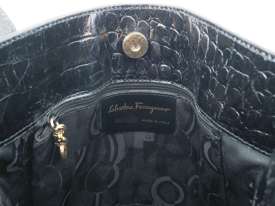 Salvatore Ferragamo Embossed Black Leather Shoulder Tote Bag Preowned Auth11