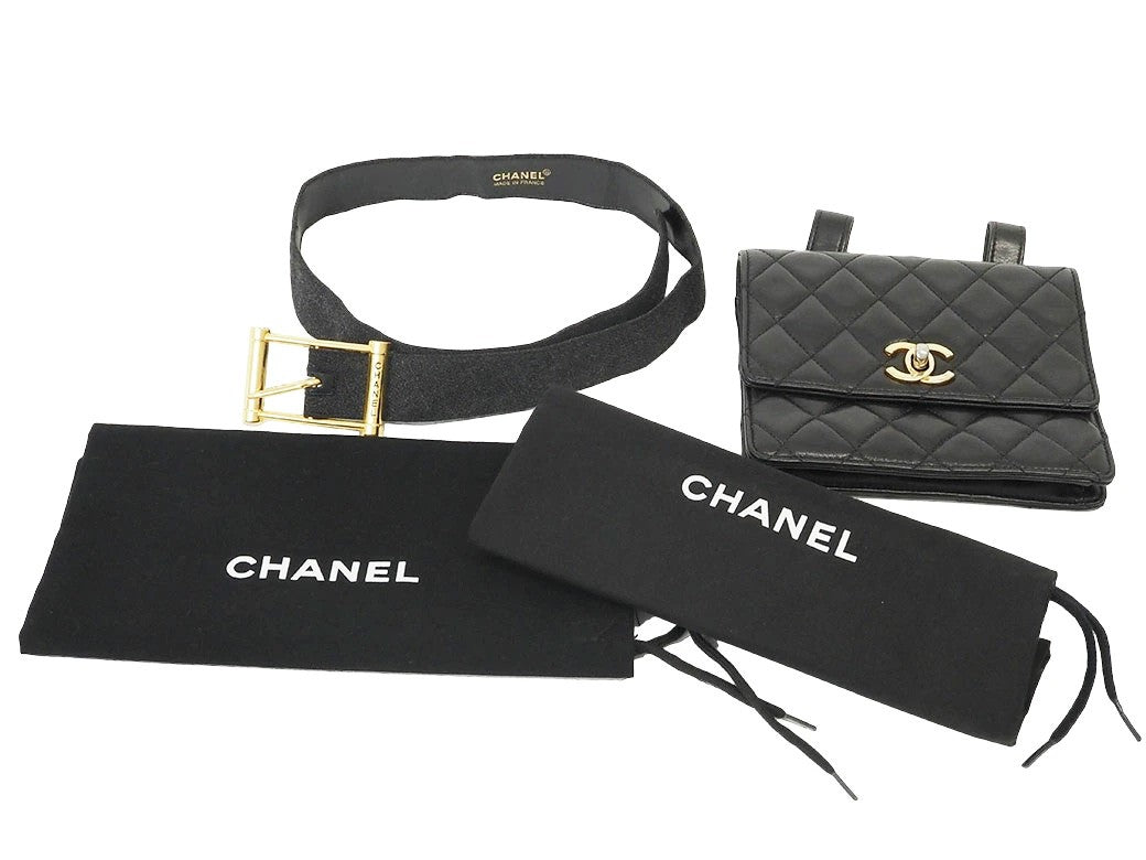 CHANEL Matelasse Waist Bag 70 Quilted Belt Bag Black Vintage Mini Preowned Auth9