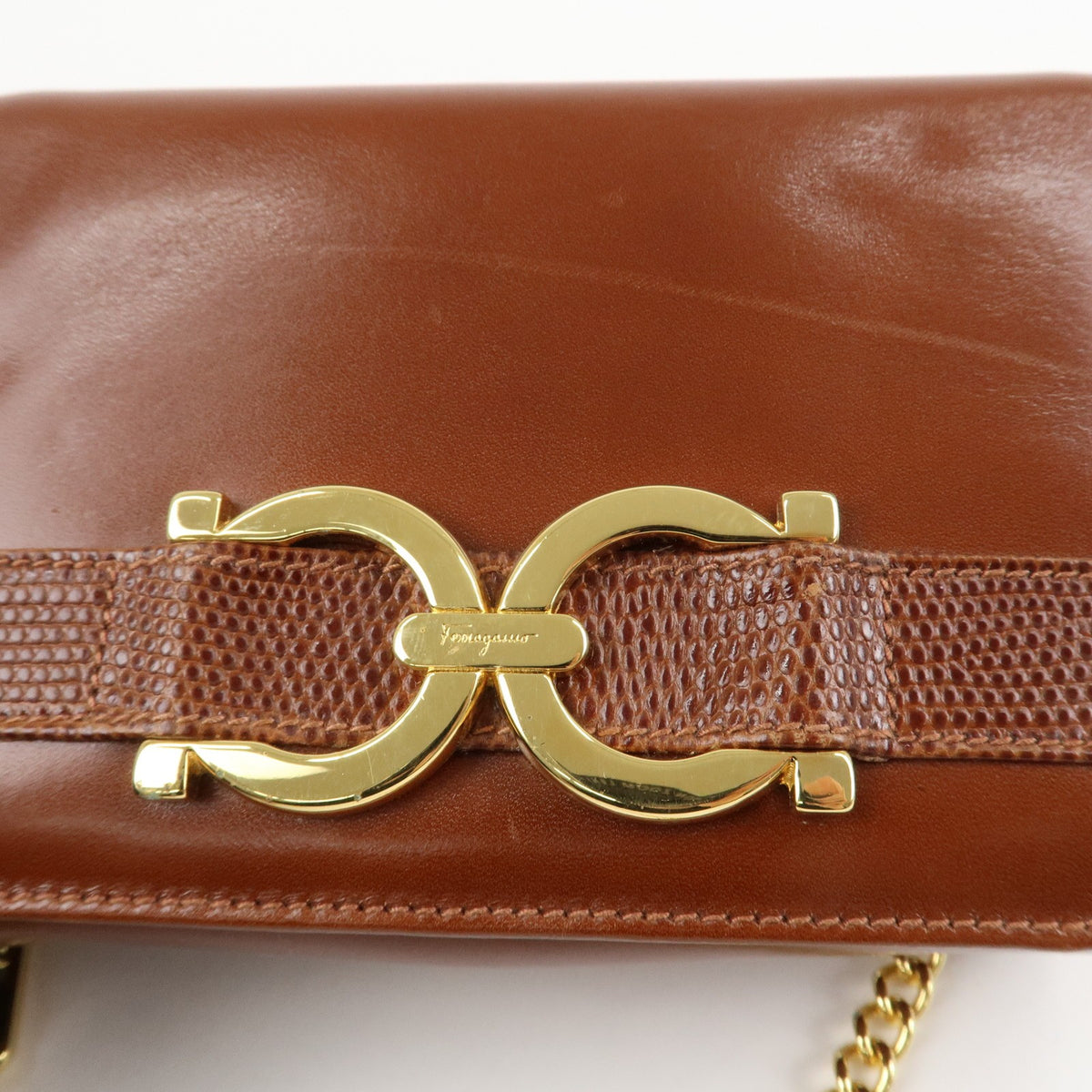 Ferragamo Gancini Leather Chain Shoulder Bag Brown Gold HDW Authentic Used F/S14
