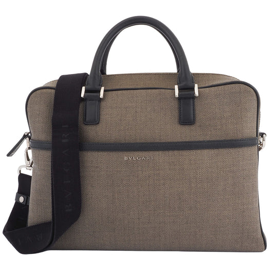 Auth BULGARI Business Bag Weekend Briefcase Brown Black Coated Canvas Leather0