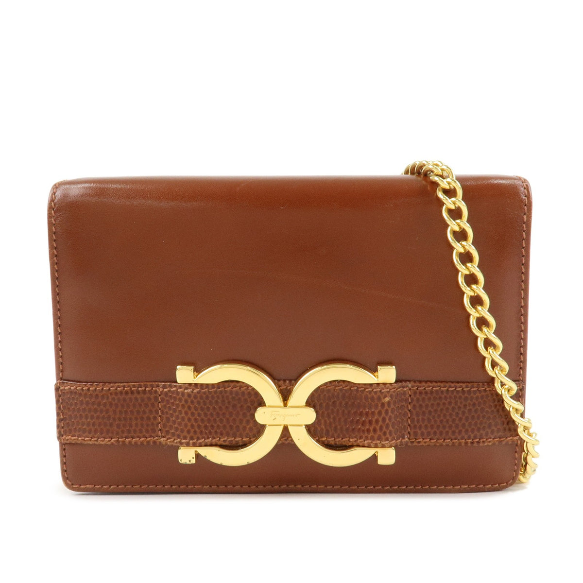 Ferragamo Gancini Leather Chain Shoulder Bag Brown Gold HDW Authentic Used F/S0