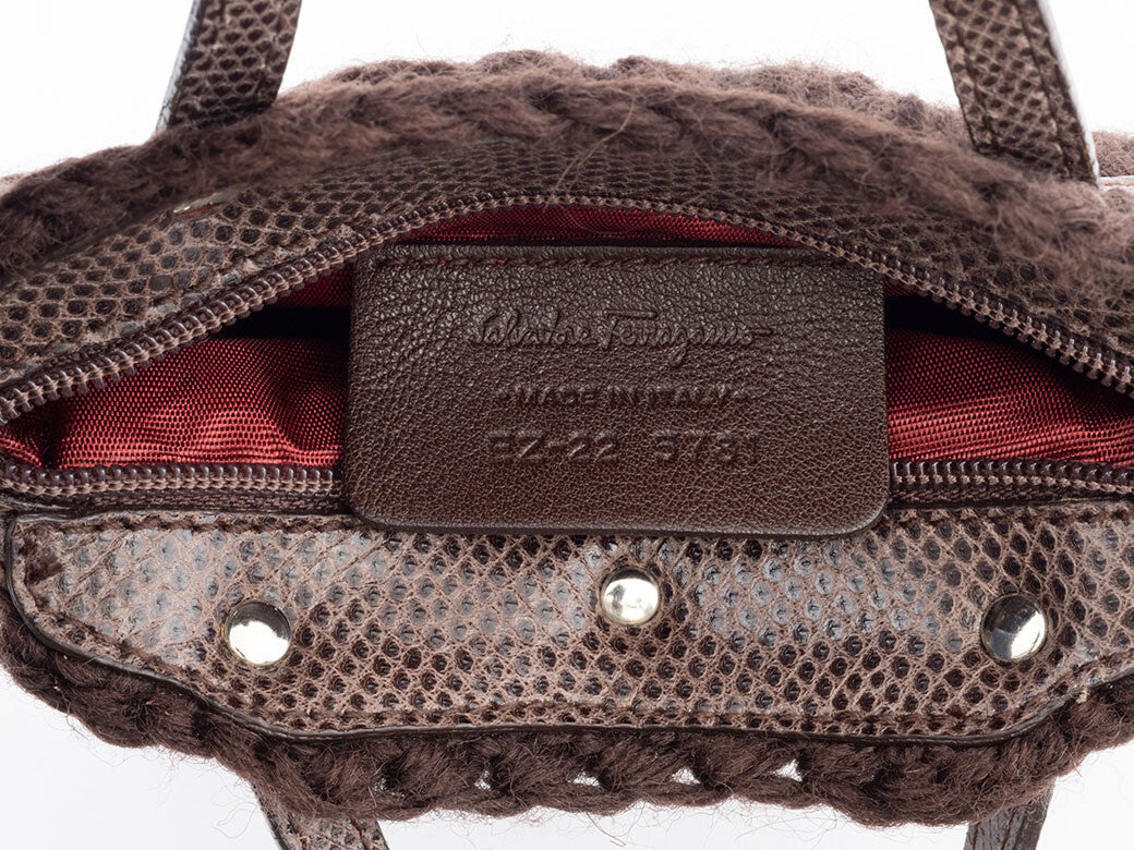 Ferragamo Wool Knit Accessory Pouch Womens Handbag Brown Charm Preowned Auth8