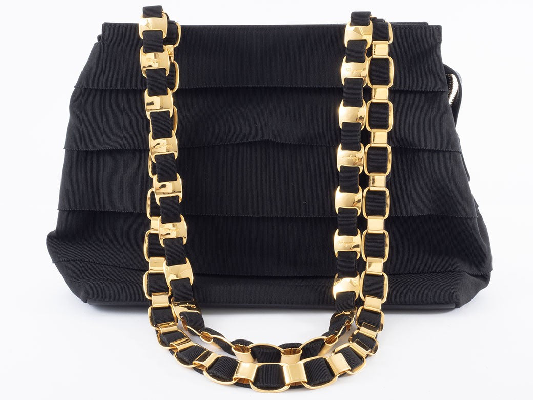 Ferragamo Vara Ribbon Womens Chain Shoulder Tote Bag Nylon Black Preowned Auth4