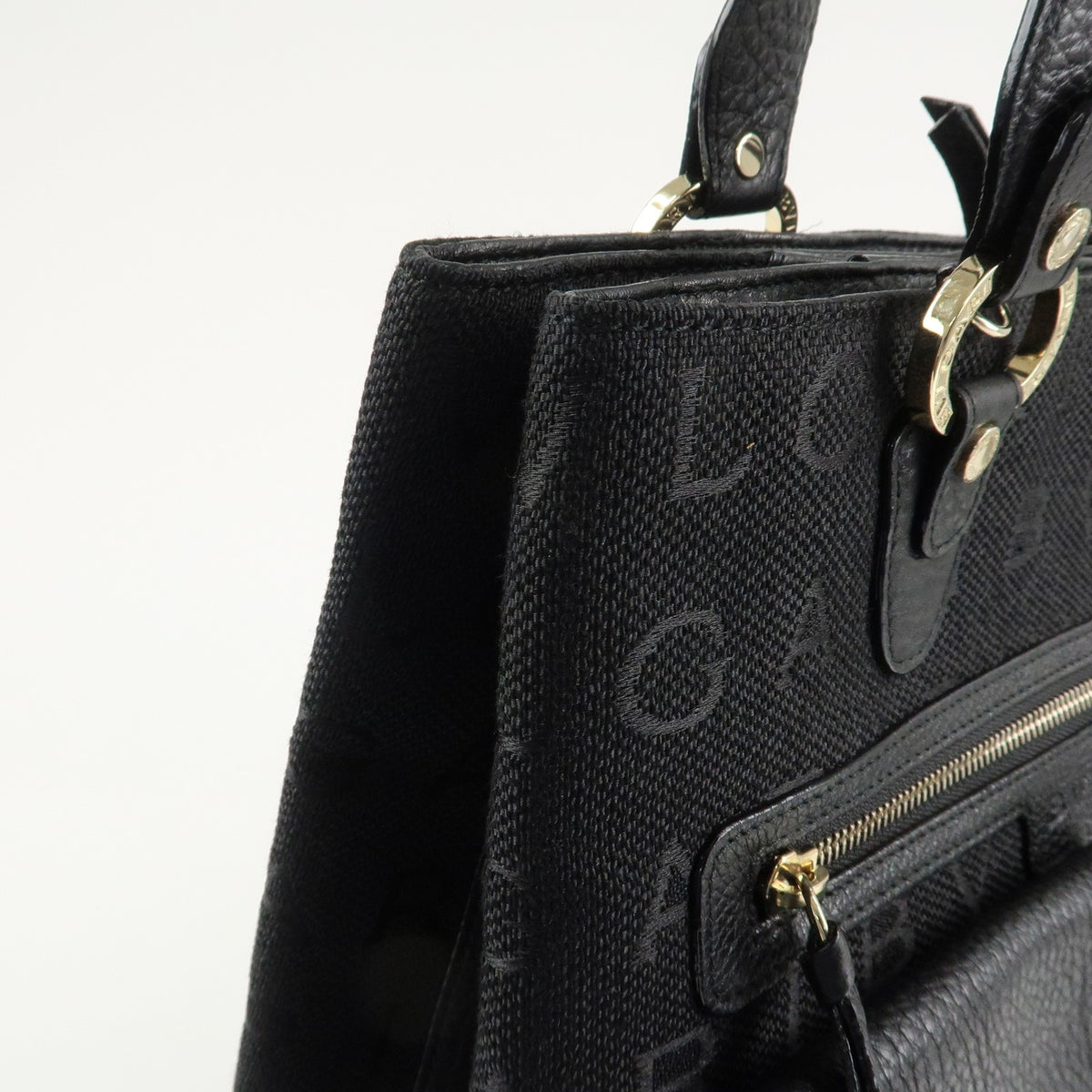 BVLGARI Logo Mania Canvas Leather Tote Bag Black Gold Hardware Auth Used F/S12