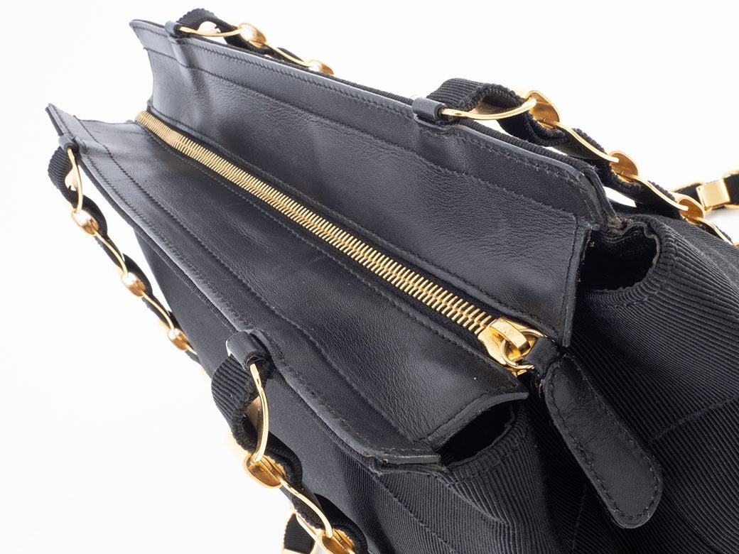 Ferragamo Vara Ribbon Womens Chain Shoulder Tote Bag Nylon Black Preowned Auth22