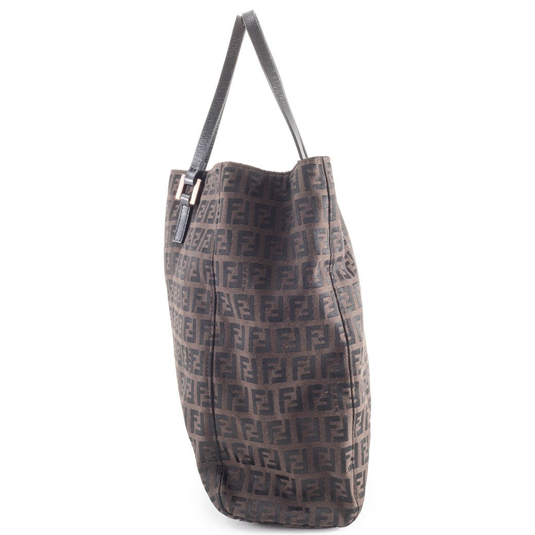 FENDI Zucchino Brown Canvas Leather Handbag Zucca Monogram Tote Bag Preowned4