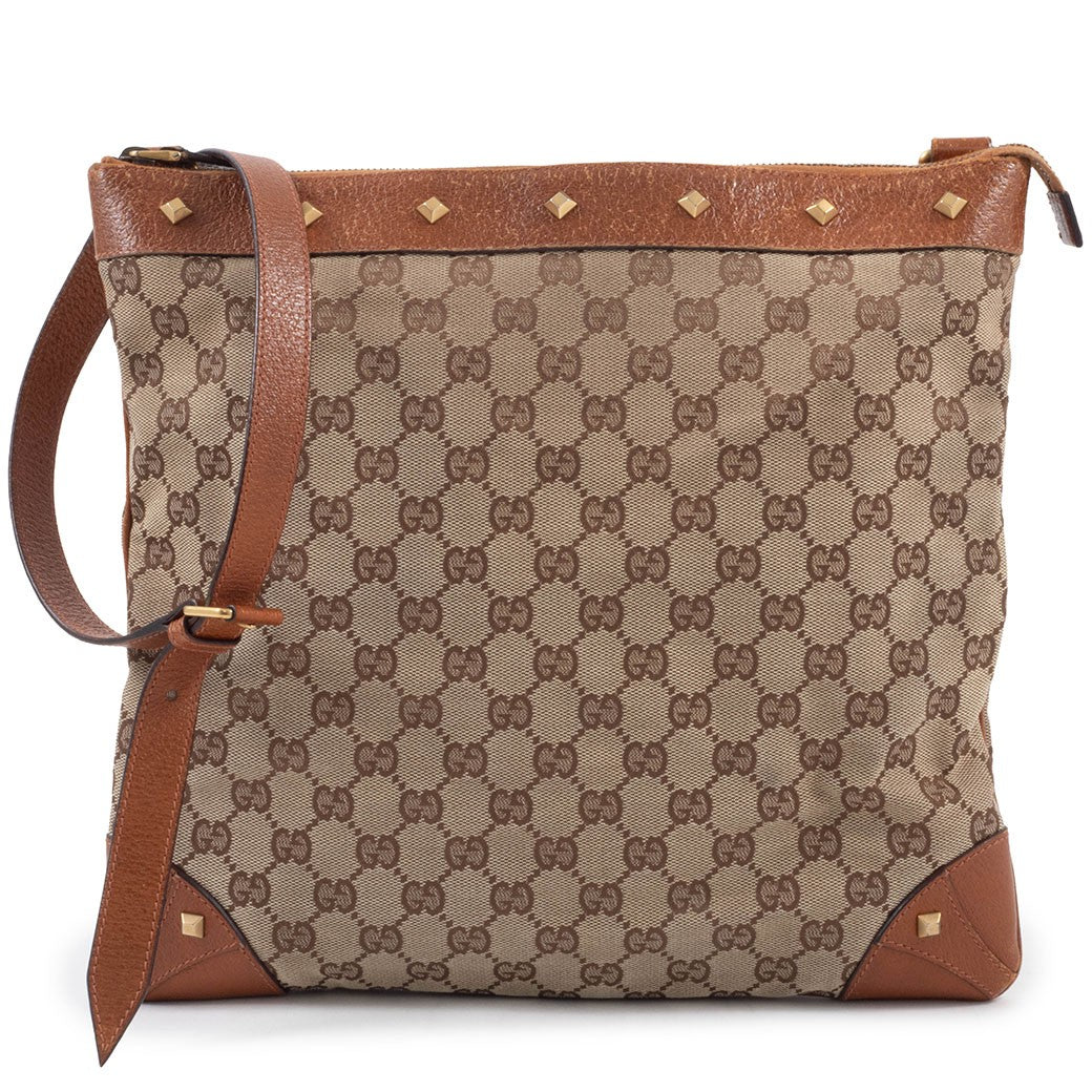 GUCCI GG Canvas Studded Beige Brown Crossbody Shoulder Bag 120894 Preowned Auth0