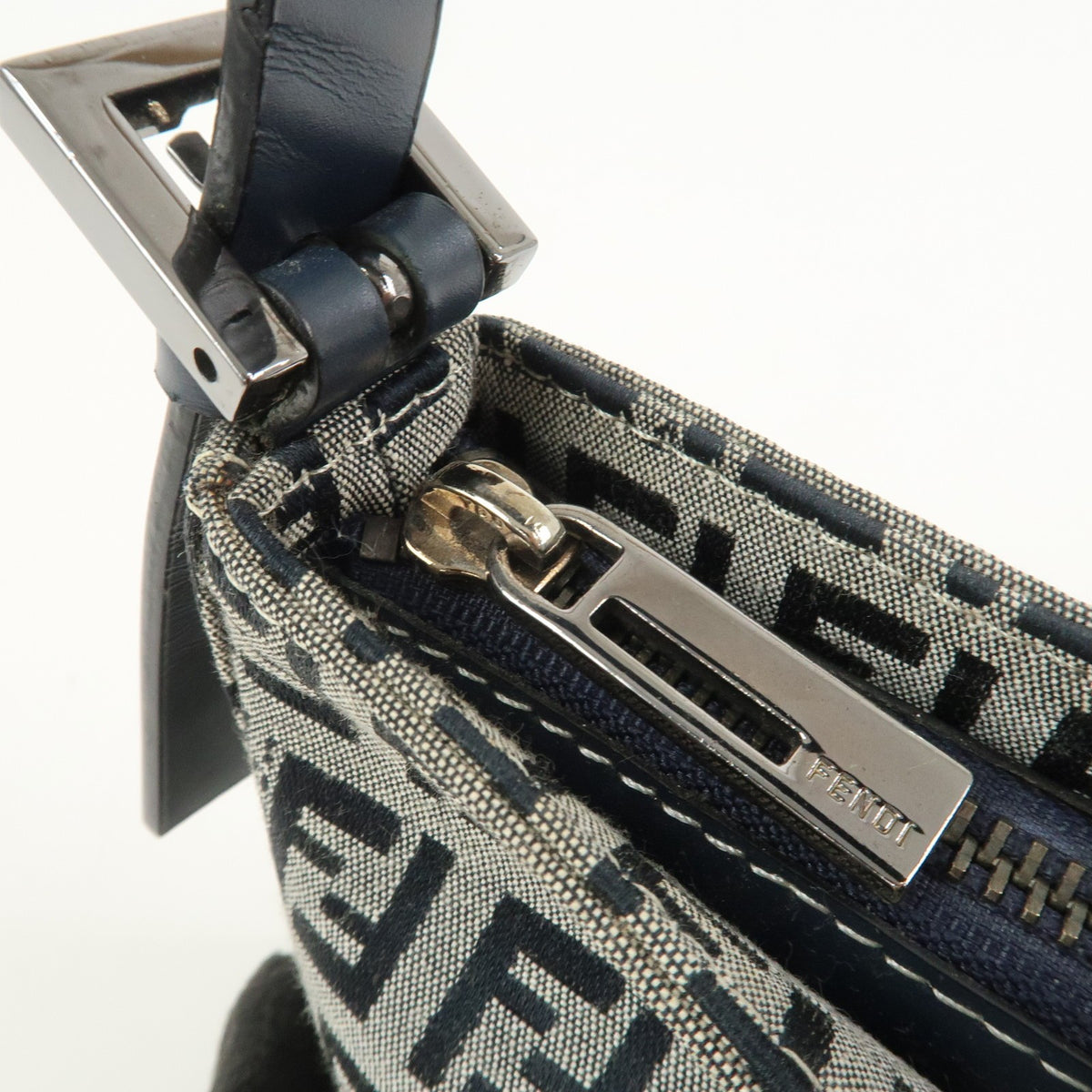 FENDI Zucchino Canvas Leather Shoulder Bag Navy Blue Logo 8BR042 Preowned Auth18
