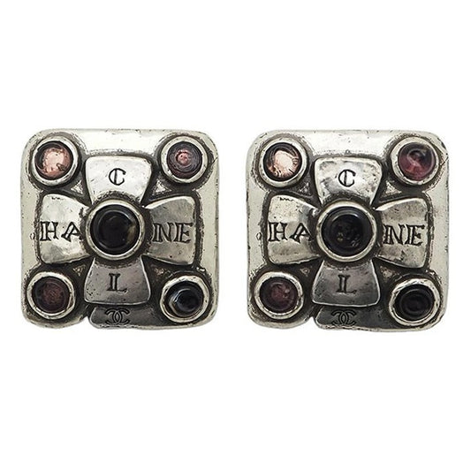 CHANEL Vintage Cambon Square Color Stone Earrings Ladies 99A Antique Silver Pink0