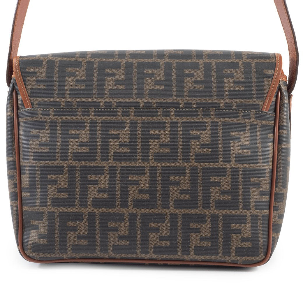 FENDI Zucca PVC Leather Crossbody Shoulder Bag FF Logo Flap Brown Preowned Auth1
