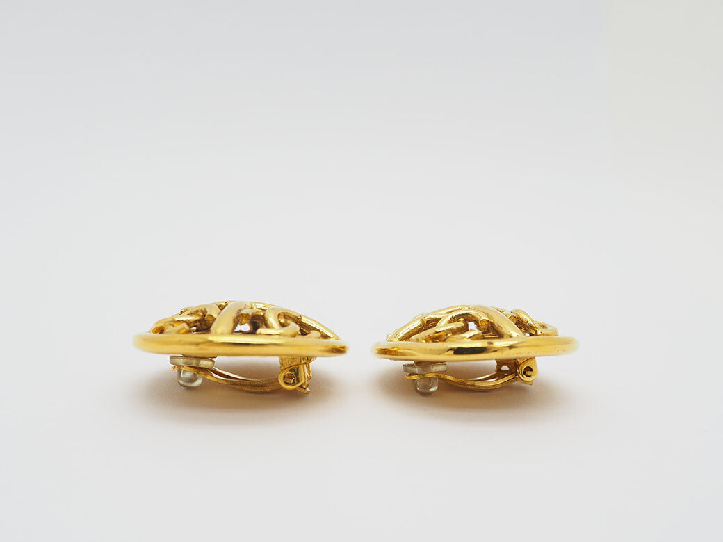 CHANEL Vintage 4P Coco Round Earrings Gold Ladies Openwork Round Preowned Auth1